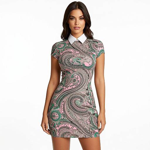 Photograph of a dark-haired woman in a short, form-fitting dress with a white collar, adorned with intricate pink, green, and silver swirl