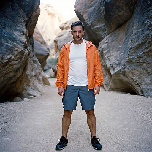 Photograph of a muscular man with short dark hair, wearing an orange jacket, white t-shirt, gray shorts, and black sneakers, standing confidently in