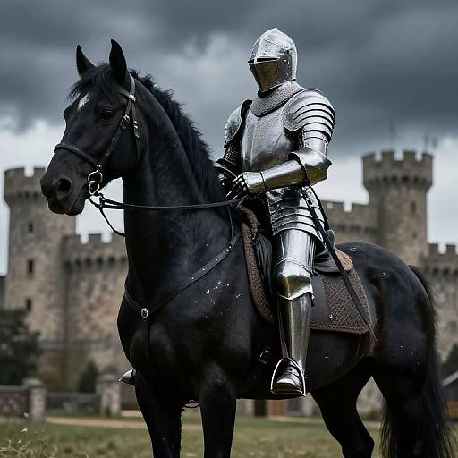 Photograph of a knight in silver armor riding a black horse, with a medieval castle and stormy sky in the background.