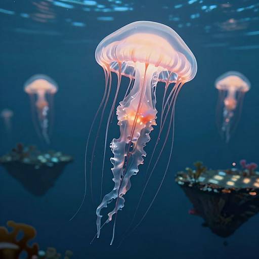 Photograph of glowing jellyfish with translucent bodies and long, flowing tentacles, floating in a dark blue underwater ocean scene.