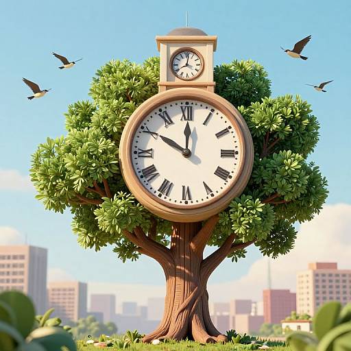 Surreal Tree Clocktower in Cityscape