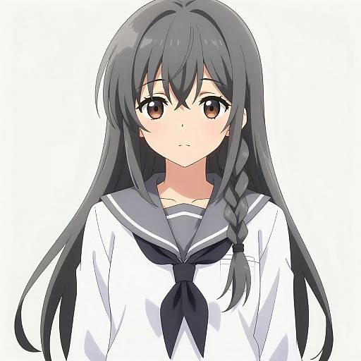 Anime-style digital drawing of a young girl with long black hair in a braid, brown eyes, wearing a white and navy school uniform.