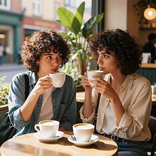 Photograph of two curly-haired women with fair skin, sipping coffee in a sunlit café, wearing denim and white shirts, seated at a wooden