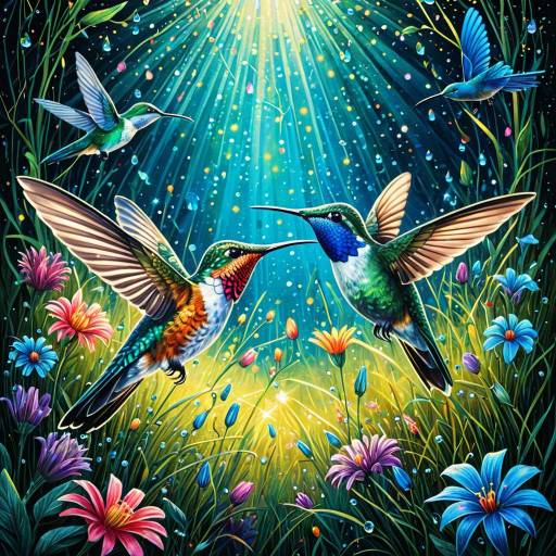 Psychedelic Hummingbirds in Ethereal Meadow
