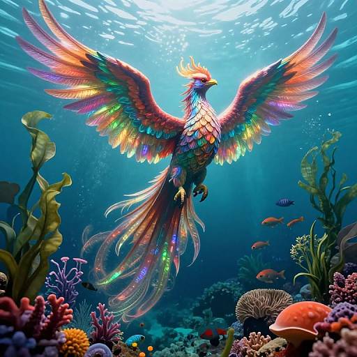 Digital artwork of a vibrant, rainbow-feathered phoenix bird soaring underwater amidst colorful coral reefs and fish, bathed in sunlight.