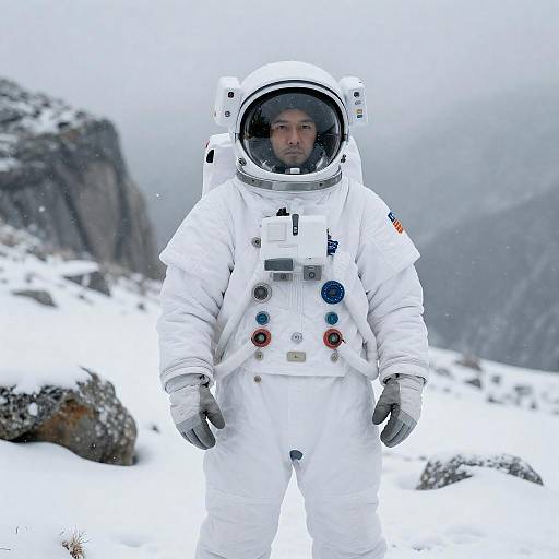 Astronaut in Snowy Mountain Landscape