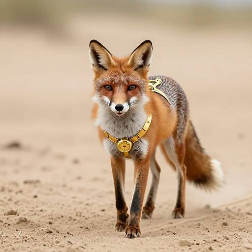 Photograph of a red fox standing on sandy ground, wearing a golden collar and harness, with a focused expression.