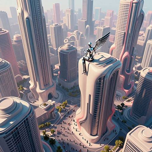 Digital art: Angelic figure with wings standing on a futuristic skyscraper in a surreal, sunlit cityscape with towering, glowing buildings. Small figures