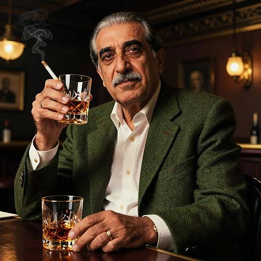 Photograph of an older man with gray hair and mustache, wearing a green blazer and white shirt, smoking a cigar in a dimly lit