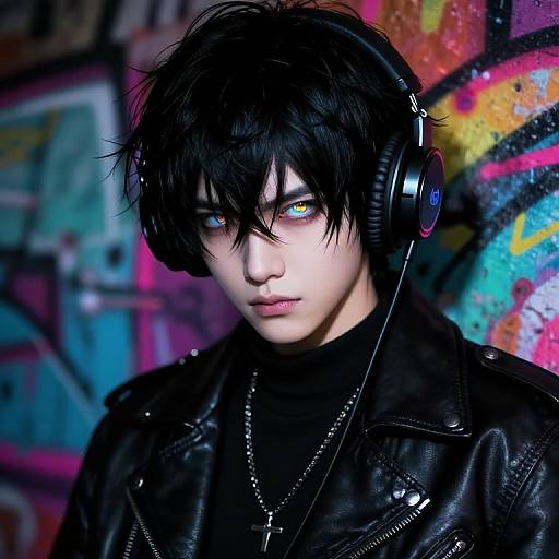 Photograph of a pale, androgynous young person with black hair, glowing blue eyes, wearing black headphones, leather jacket, and a cross