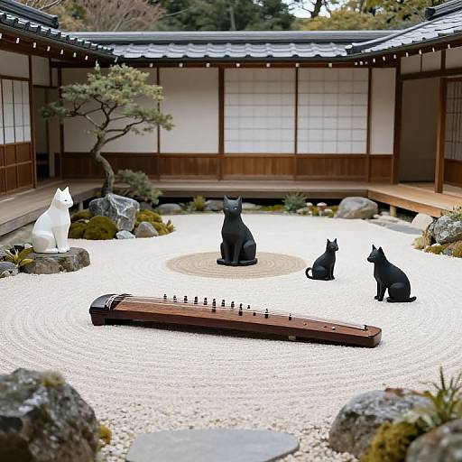 Photograph of a traditional Japanese Zen garden with five black and white cat sculptures, a wooden go board, and pebble paths.