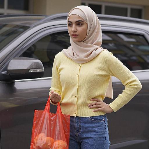 Photograph of a young woman with light brown skin, wearing a beige hijab, yellow cardigan, and blue jeans, holding a red plastic bag
