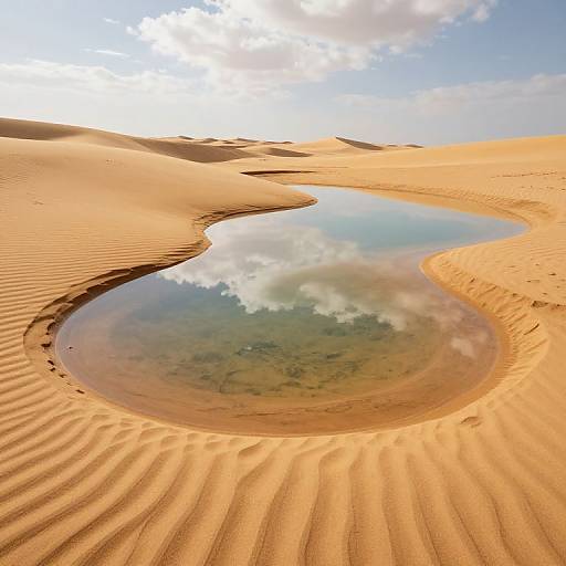 Photograph of a serene desert oasis with a clear, reflective waterhole surrounded by rippled, golden sand dunes under a bright, partly cloudy sky