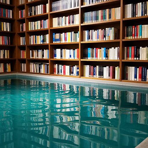 Photograph of a library with wooden bookshelves filled with colorful books, reflected in a calm, turquoise indoor pool.