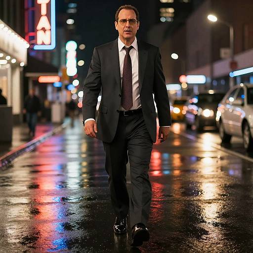 Photograph of a serious, middle-aged man in a black suit, white shirt, and dark tie walking on a rain-soaked, neon-lit