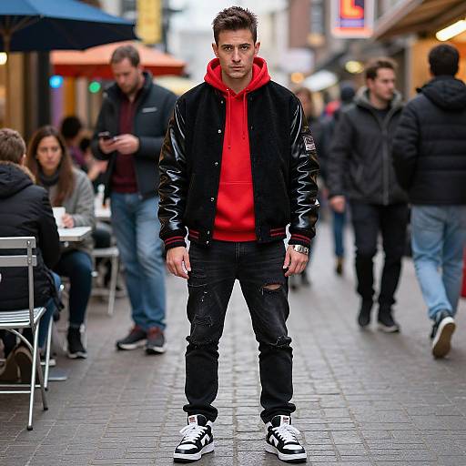 Photograph of a young man with short brown hair, standing on a city street, wearing a black leather jacket, red hoodie, black torn jeans,
