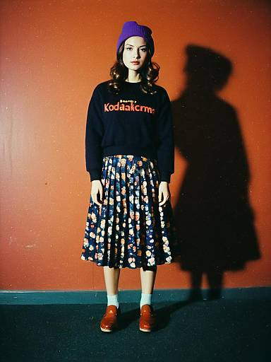 Woman in Floral Skirt and Purple Beanie