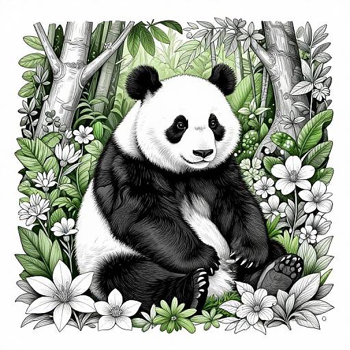 Detailed digital illustration of a black-and-white panda sitting amidst vibrant green foliage and white flowers, surrounded by intricate black-and-white line art leaves and branches.
