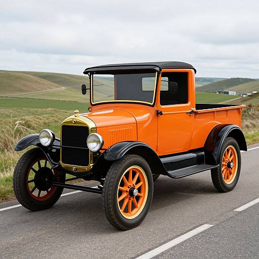 Photograph of a vibrant orange vintage truck with black accents, yellow grille, and orange wheels, driving on a rural road with green hills in the background