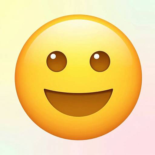 Digital illustration of a bright yellow, glossy smiley face emoji with large brown eyes and a wide open-mouth smile against a white background.