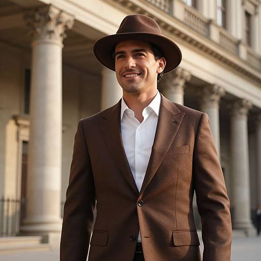 Photograph of a smiling man in a brown suit, white shirt, and brown fedora, standing in front of a classical building with columns.