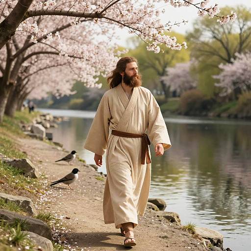 Bearded Man Walking Riverbank in Spring