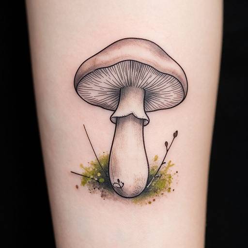 Tattoo of a detailed, black and gray mushroom with textured cap and stem, set on grass and small plants, on pale skin.