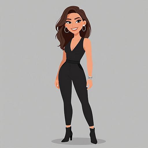 Digital illustration of a confident woman with long brown hair, wearing a black sleeveless jumpsuit, high heels, hoop earrings, and bracelets, standing against