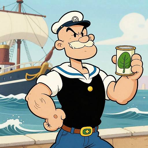 Cartoon sailor with white hat, black vest, and blue pants holds a glass with a leaf, standing by a ship at sea.