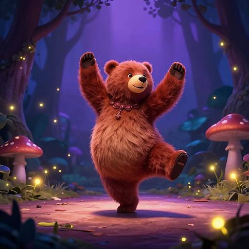 CGI image of a happy, brown bear with a necklace, dancing in a magical forest with glowing mushrooms and fireflies.