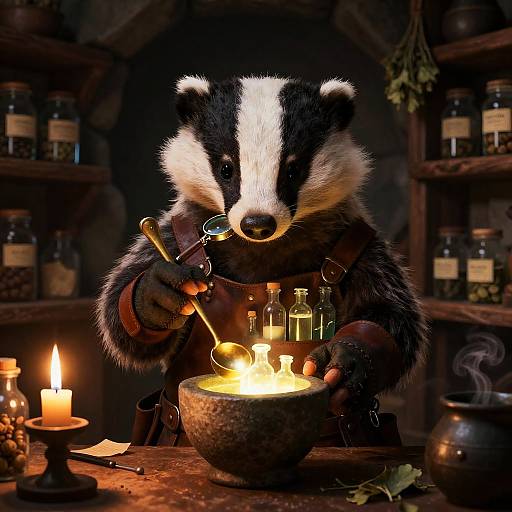 Apothecary Badger Mixing Glowing Potion