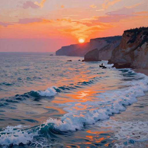 Photograph of a vibrant sunset over a rocky coastline, with orange and pink sky reflecting on choppy ocean waves and dark cliffs.