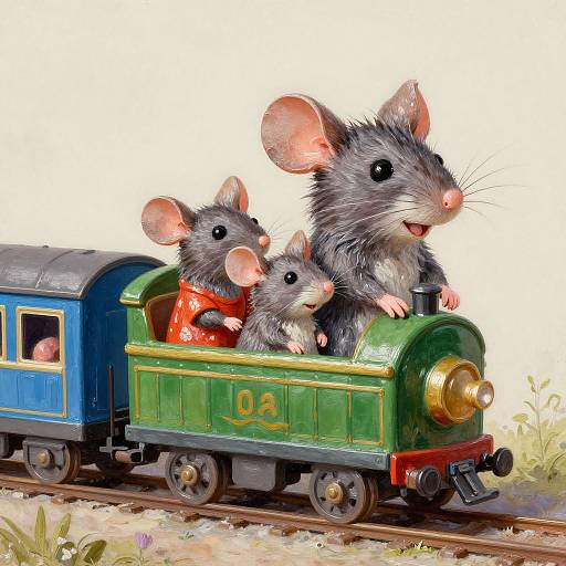 Photograph of three gray mice with pink ears, wearing red polka-dot shirt, riding in a green, vintage steam train with a blue car,