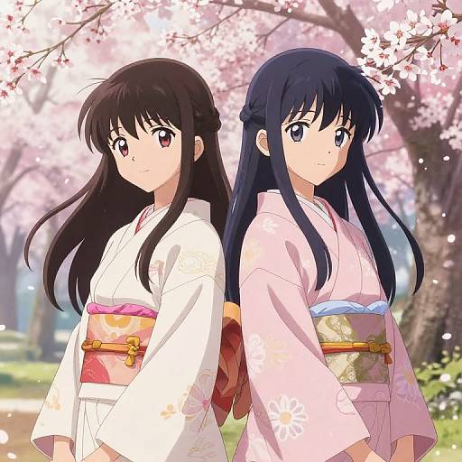 Anime-style digital illustration of two Japanese women in white kimonos with colorful obis, standing back-to-back under cherry blossom trees.