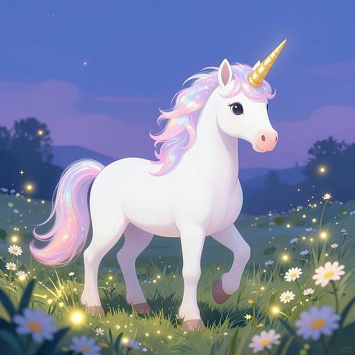 Digital illustration of a white unicorn with a glowing yellow horn, standing in a luminous meadow of daisies under a twilight sky.