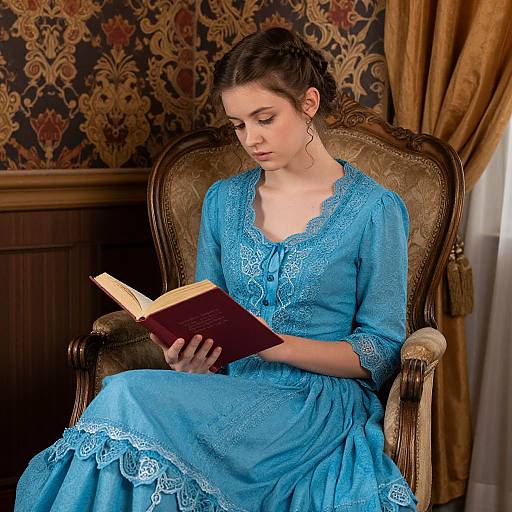 Photograph of a young woman with fair skin and dark hair in an ornate blue lace dress, reading a book in a vintage, patterned room