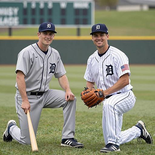 Two Baseball Players Kneeling on Field