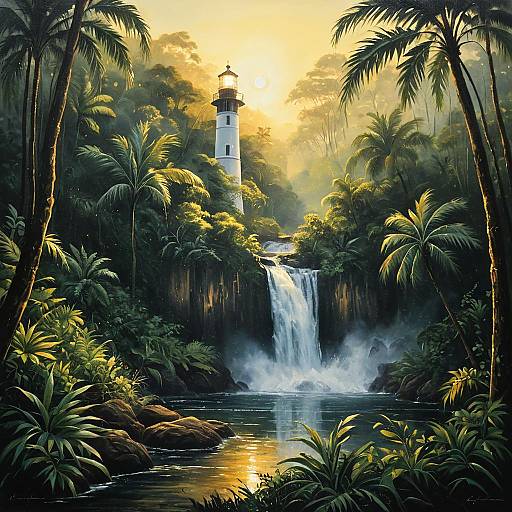 Serene Jungle Waterfall with Lighthouse at Golden Hour