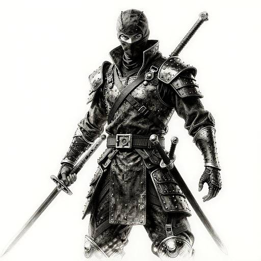 Black-and-white digital drawing of a masked, armored ninja holding two swords, with a sword strapped to the back. Bold, gritty style.