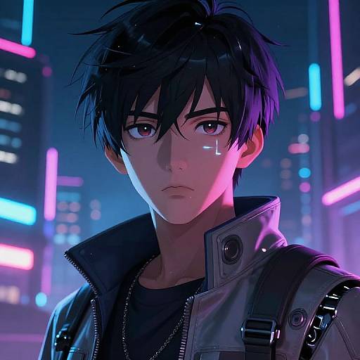 Digital anime-style portrait of a serious young man with black hair, cybernetic eye, neon-lit city background, wearing a black and gray jacket