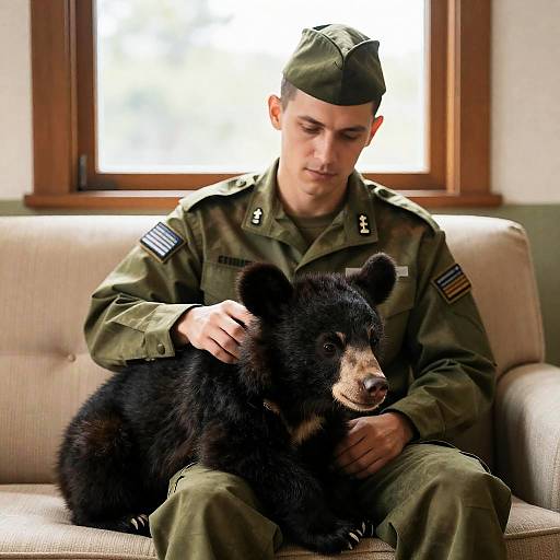 Military Man and Bear Cub Interaction