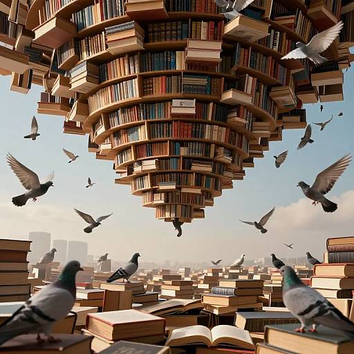 Photograph-like digital artwork: floating, cylindrical library of books amidst flying pigeons, scattered books on the ground, clear blue sky, cityscape in