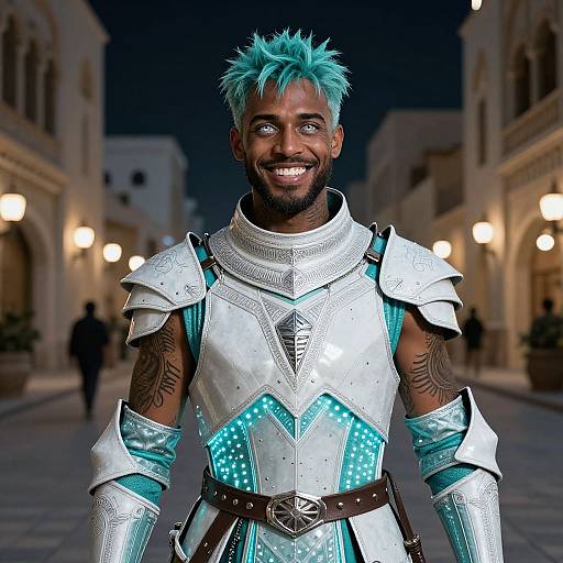 Photorealistic digital art of a smiling Black man with turquoise spiky hair, wearing detailed silver and turquoise armor, standing in a lit, medieval-style