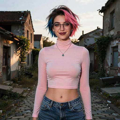 Photograph of a young woman with pink and blue dyed hair, glasses, pink long-sleeve top, and blue jeans, standing in a