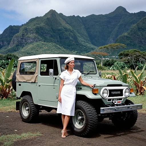 Photograph of a smiling woman in a white dress and hat, standing beside a light green Land Rover, against a lush mountainous background.