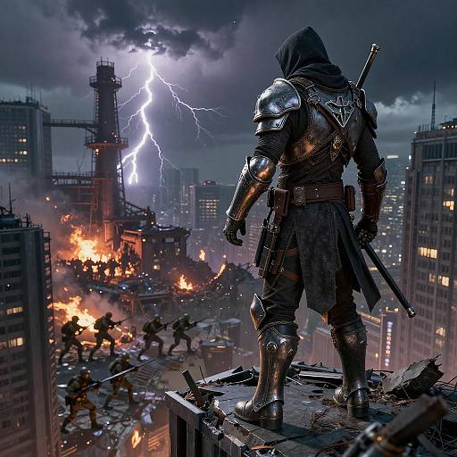 Dystopian Bandit Overlooking Ruined City