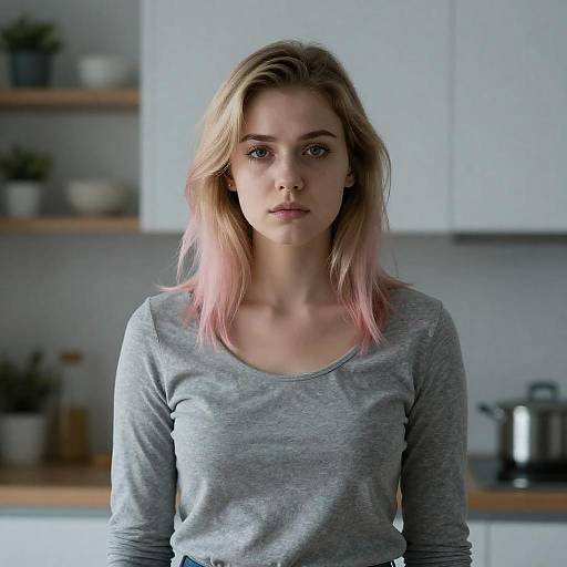 Moody Kitchen Portrait with Pink Hair