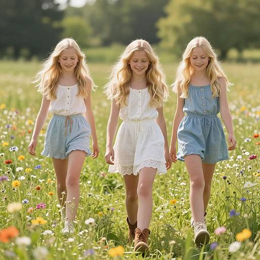 Three blonde, long-haired girls walk hand-in-hand through a sunlit meadow, wearing white and blue sleeveless dresses, smiling, surrounded by colorful