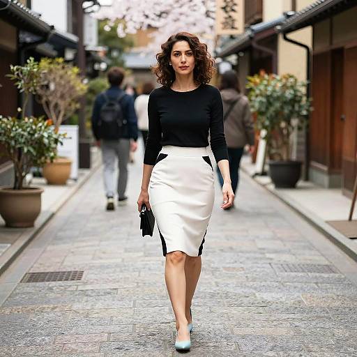 Photograph of a curly-haired woman in a black top and white pencil skirt, walking down a narrow, urban street with potted plants and blurred pedestrians