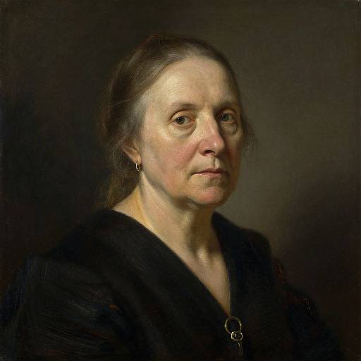 Photorealistic painting of a middle-aged woman with fair skin, brown hair, and dark eyes, wearing a black top, against a dark background,